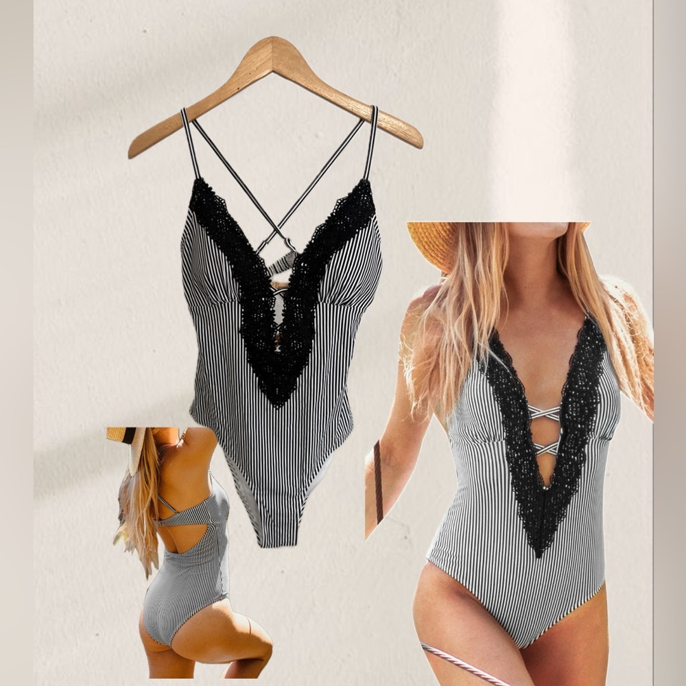NWT Women's One Piece Vintage Lace Deep V Neck Cutout Swimsuit
